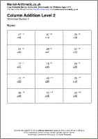 Column Addition Level 2 Worksheet - Free printable PDF maths worksheets from Mental Arithmetic