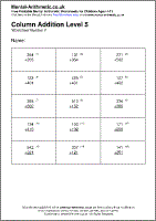 Column Addition Level 5 Worksheet - Free printable PDF maths worksheets from Mental Arithmetic