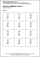 Column Addition Level 7 Worksheet - Free printable PDF maths worksheets from Mental Arithmetic