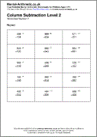 Column Subtraction Level 2 Worksheet - Free printable PDF maths worksheets from Mental Arithmetic