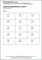 Column Subtraction Level 4 Worksheet - Free printable PDF maths worksheets from Mental Arithmetic