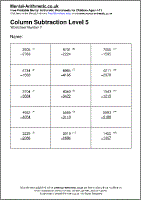 Column Subtraction Level 5 Worksheet - Free printable PDF maths worksheets from Mental Arithmetic