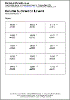 Column Subtraction Level 6 Worksheet - Free printable PDF maths worksheets from Mental Arithmetic