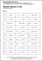 Number Bonds to 100 Worksheet - Free printable PDF maths worksheets from Mental Arithmetic
