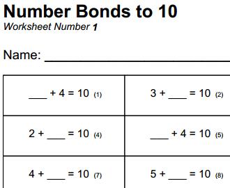 Free printable mathematics worksheet - Number Bonds to 10